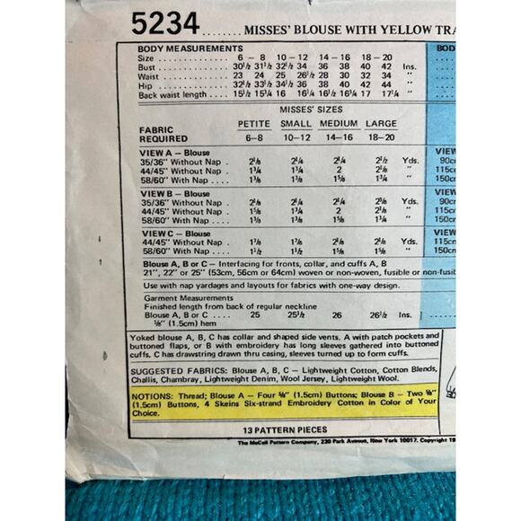 McCalls Sewing pattern 5234 blouse pullover top wingtip collar 1970s - Picture 4 of 5